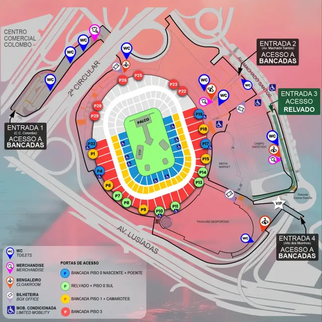Mapa do recinto do Estádio da Luz para o concerto dos Imagine Dragons, 2025.