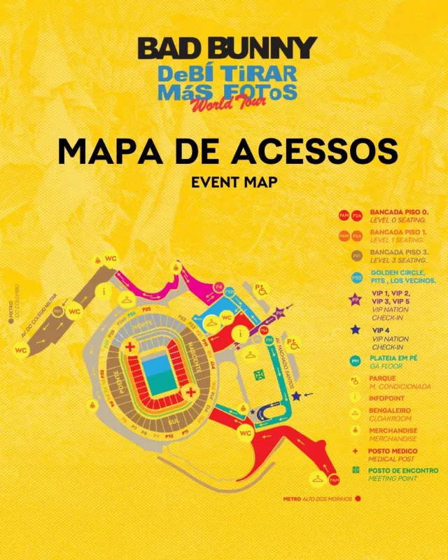 Mapa de acessos do concerto de Bad Bunny no Estádio da Luz, Lisboa, em maio de 2026.